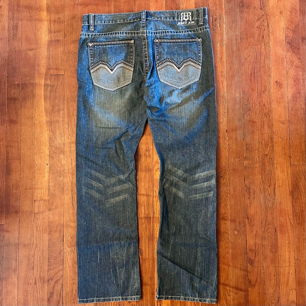 Vintage Request Jeans 90s Skater Baggy Embroidered Medium Wash Denim Jeans 36x32